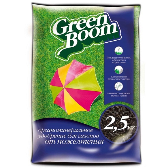 Удобрение органомин-ое, гранул-ое, с микроэл-ми Green Boom, от пожелтения газона 2,5 кг.